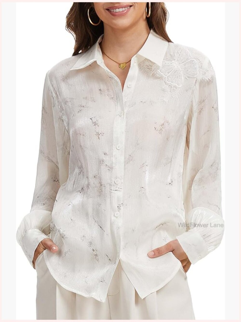 Lightweight Button-Down Blouse with Butterfly Applique, Long Sleeve